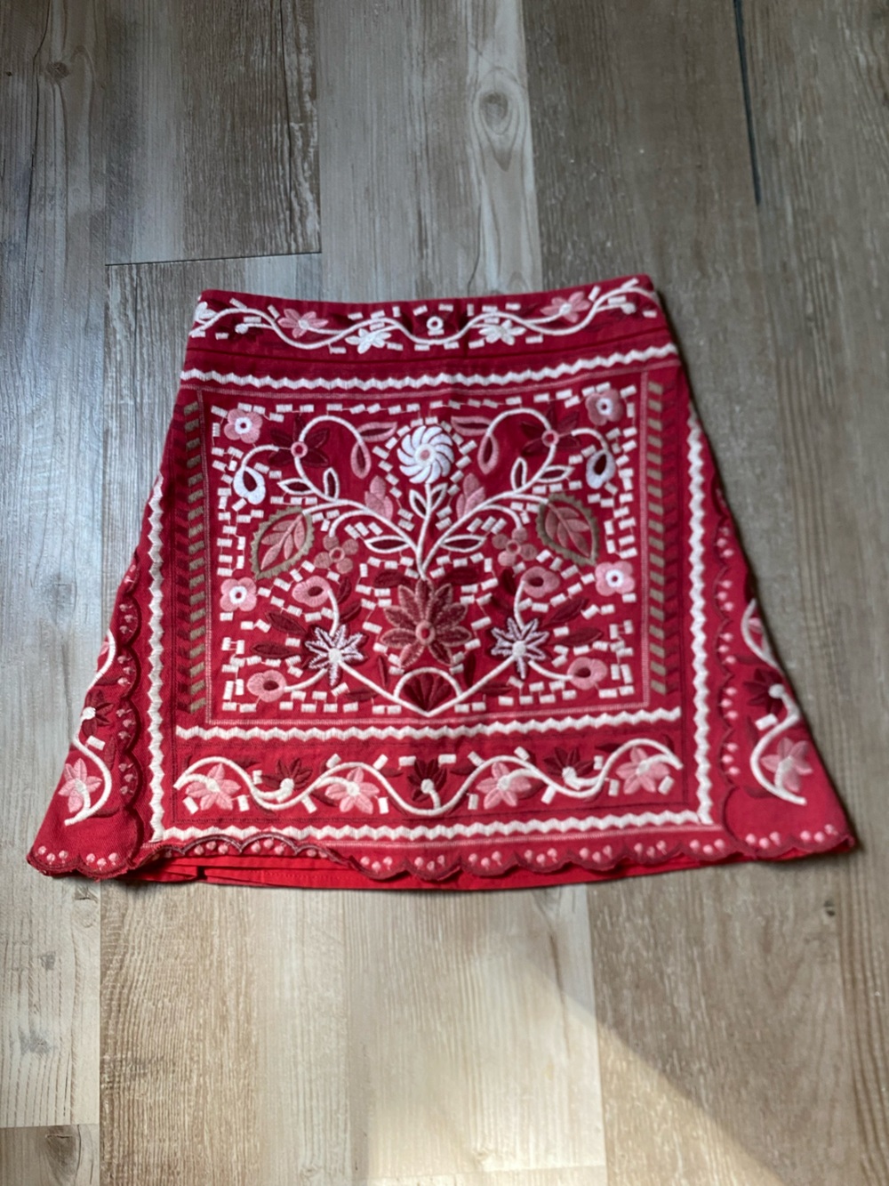 Anthropologie Red and Cream Embroidered Mini Skirt